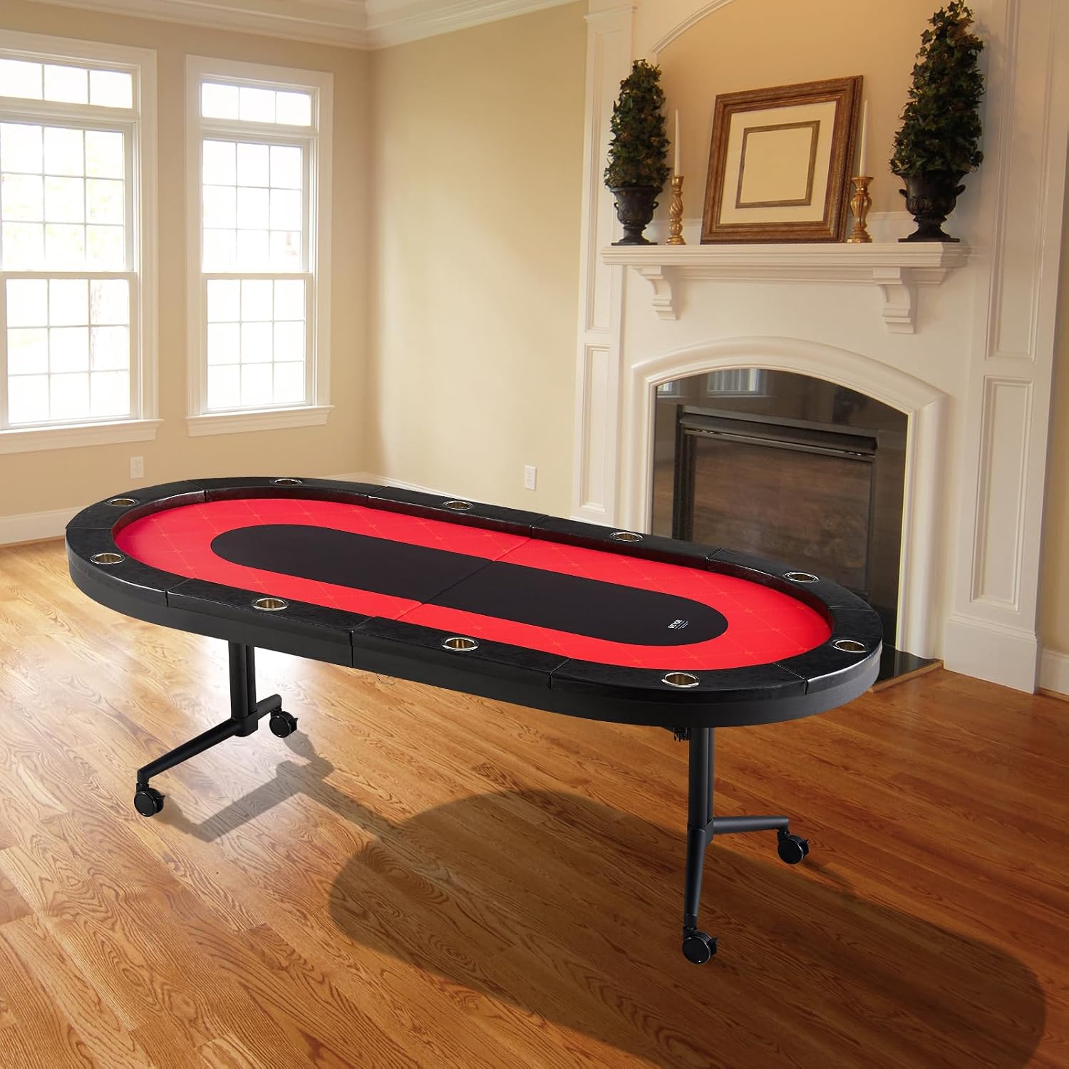 VEVOR 90' Oval Casino Leisure Table: 10 Player, Blackjack Texas Holdem Poker Table with Stainless Steel Cup Holders and Padded Rails, Portable Folding Card Board Game Table
