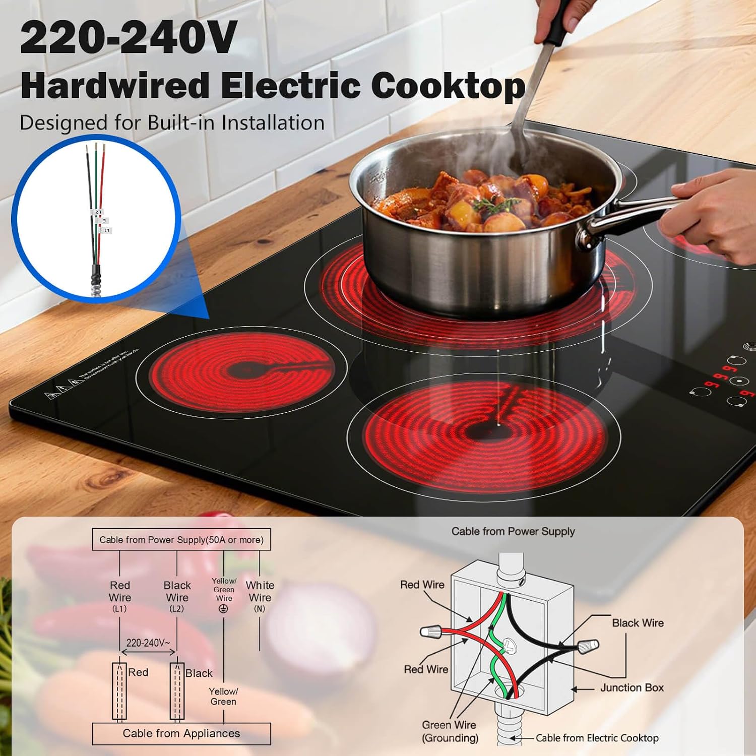 SNDOAS Electric Cooktop 30 inch,9000W 5-Burner Built-in Electric Stove Top with Ceramic Glass & 9 Power Levels,240V Hardwired,Child Lock & Overheat Protection,30' for Standard Countertop Cutout