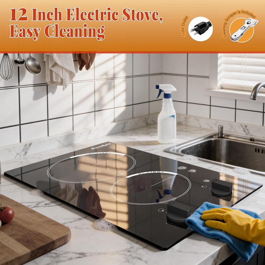 2 Burner Electric Cooktop - 110v Countertop and Built-in Electric Stove 2000W, 12 Inch Ceramic Stove with Residual Heat Indicator, Over-Temperature Protection, Knob Control, 110-120V Plug in