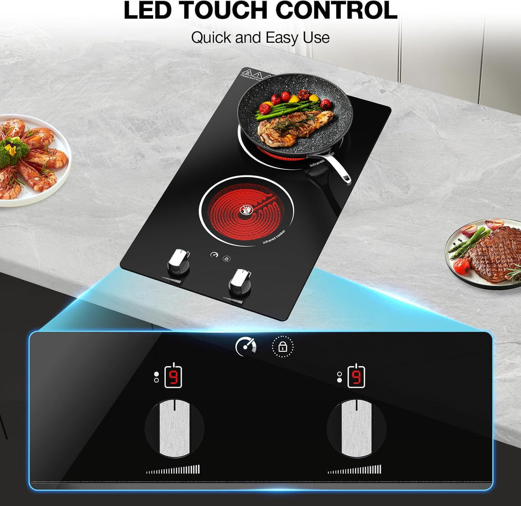 2 Burner Electric Cooktop, 2100W Electric Stove Top Hot Plate, 12 inch Countertop Burner & Built-In Stove Top, 9 Levels of Power, Knob Control, Timer & Kid Safety Lock, Residual Heat Warning