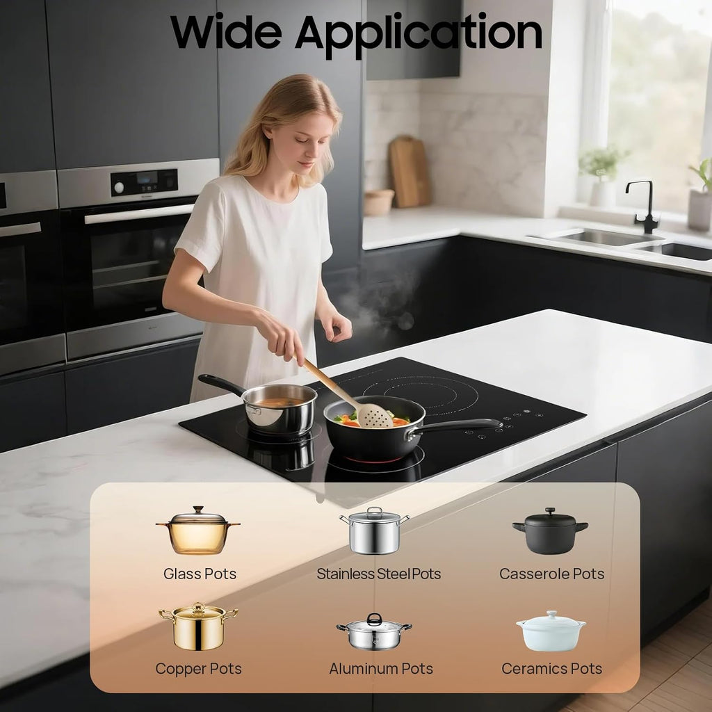 YIYIBYUS 24 Inch Electric Stove, 3 Burners 2600W 110V Portable Ceramic Cooktop, Kitchen Counter Top Stove with Sensor Touch Control, 9 Heating Level, (No Plug)