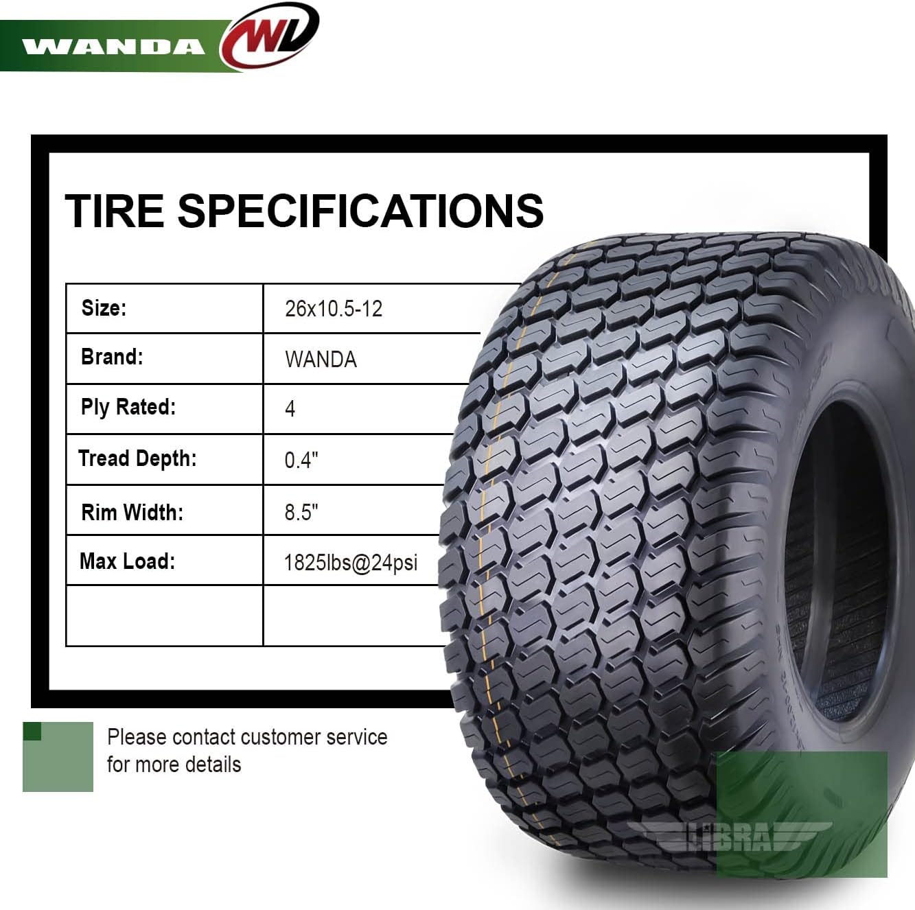WANDA 26X10.5-12 Lawn Mower Tractor Cart Turf Tire 4 Ply 26x10.5x12-13055