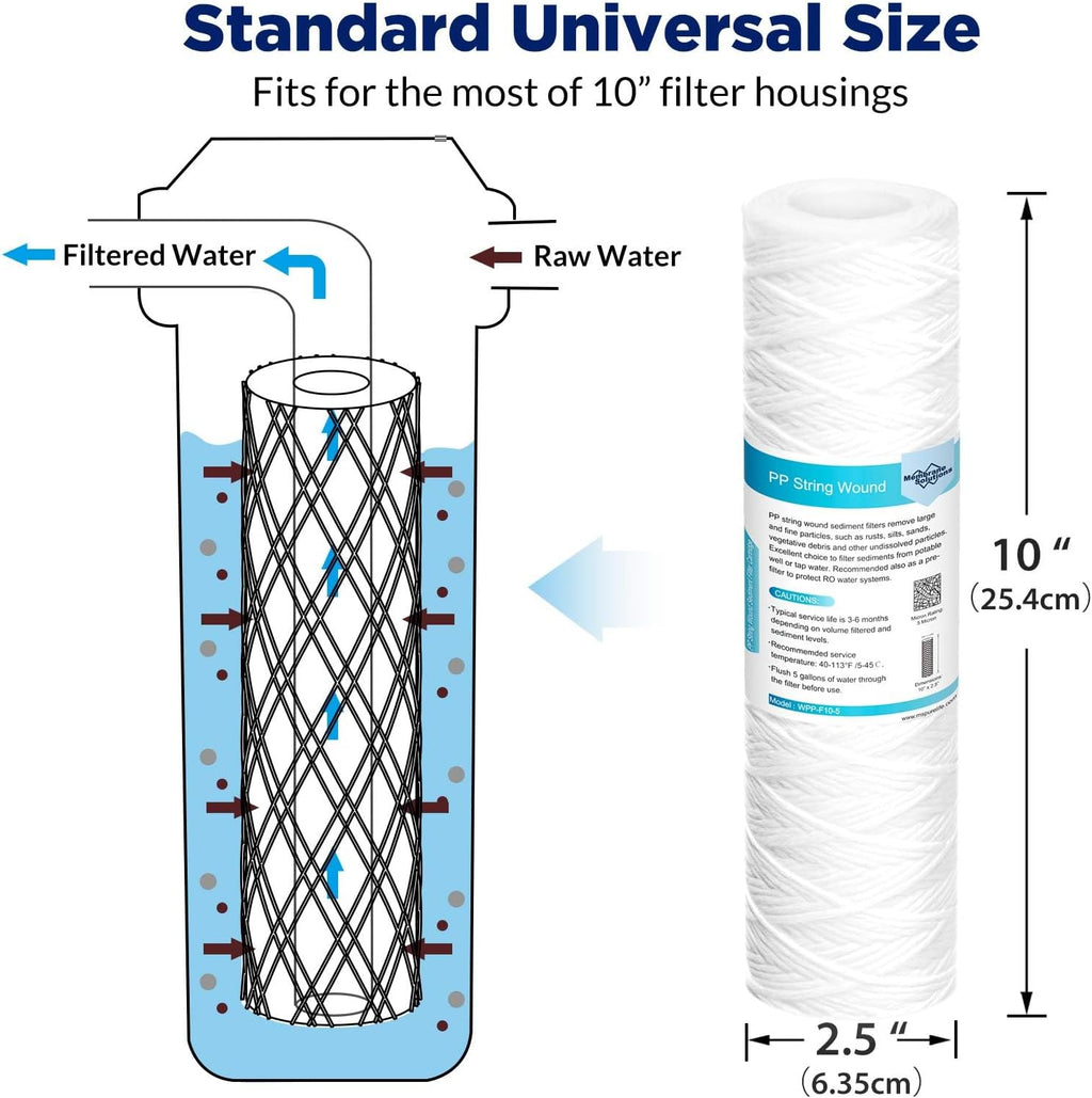 42 Pack of 5 Micron 10'x2.5' String Wound Whole House Water Filter Replacement Cartridge by Membrane Solutions, Universal Sediment Filters for Well Water, Compatible with WFPFC4002, CW-F, CW-MF, WP-5
