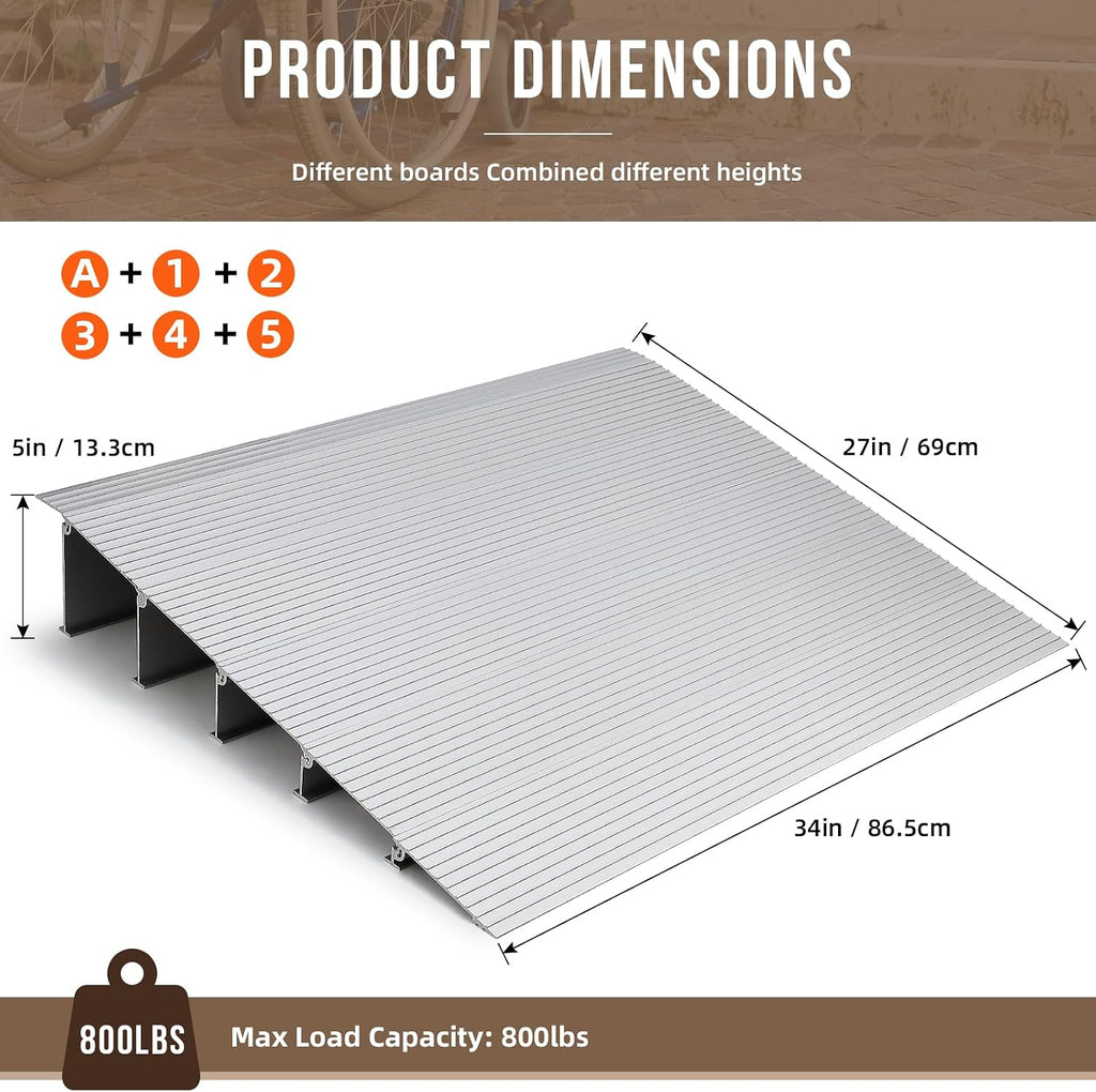 5' Door Threshold Ramp, Aluminum Entry Ramp, Non-Slip Surface, 800Lbs Load Capacity, Adjustable for Wheelchairs, Strollers, Scooters, Power Chairs