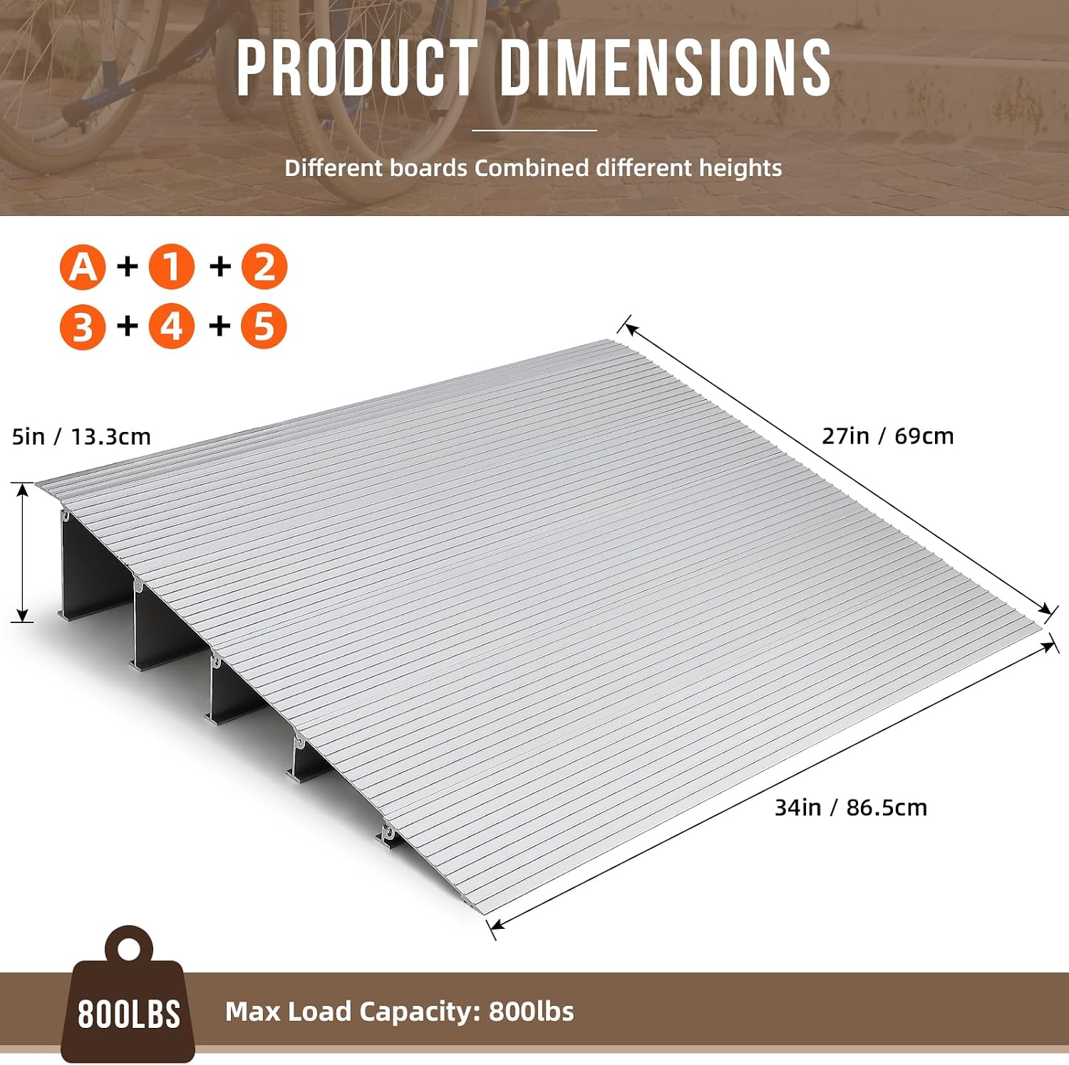 5' Door Threshold Ramp, Aluminum Entry Ramp, Non-Slip Surface, 800Lbs Load Capacity, Adjustable for Wheelchairs, Strollers, Scooters, Power Chairs