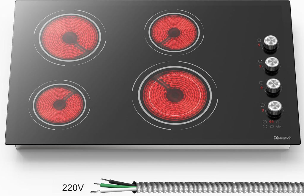 30 Inch Electric Cooktop 4 Burner - Built-in(29.13'x19.3') Ceramic Stovetop 6700W, 30' Electric Cook Top with Timer, Safety Lock, Pause, Dual Ring, 220V - 240V Hard Wire (Black-Sliver Knob)