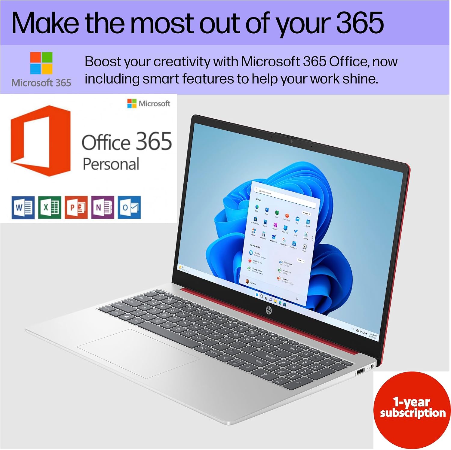 HP Laptop Computer 2024, 15.6' HD Display, Quad-Core Intel Processor N200, 8GB RAM, 384GB Storage (128GB UFS + 256GB Card), WiFi, Webcam, 1 Year Office 365, Long Battery, Win 11S+MarxsolAccessory Red