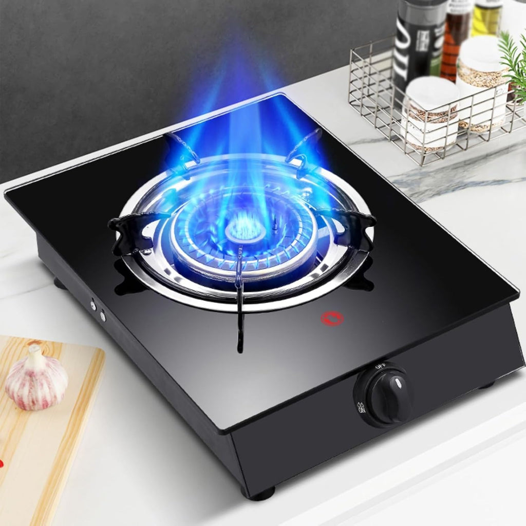 Gas Cooker 1 Burner,5.2KW Portable Gas Stove,Tempered Glass Cast Iron Pot Rack,with Flameout Protection,for Home Kitchen(LPG)