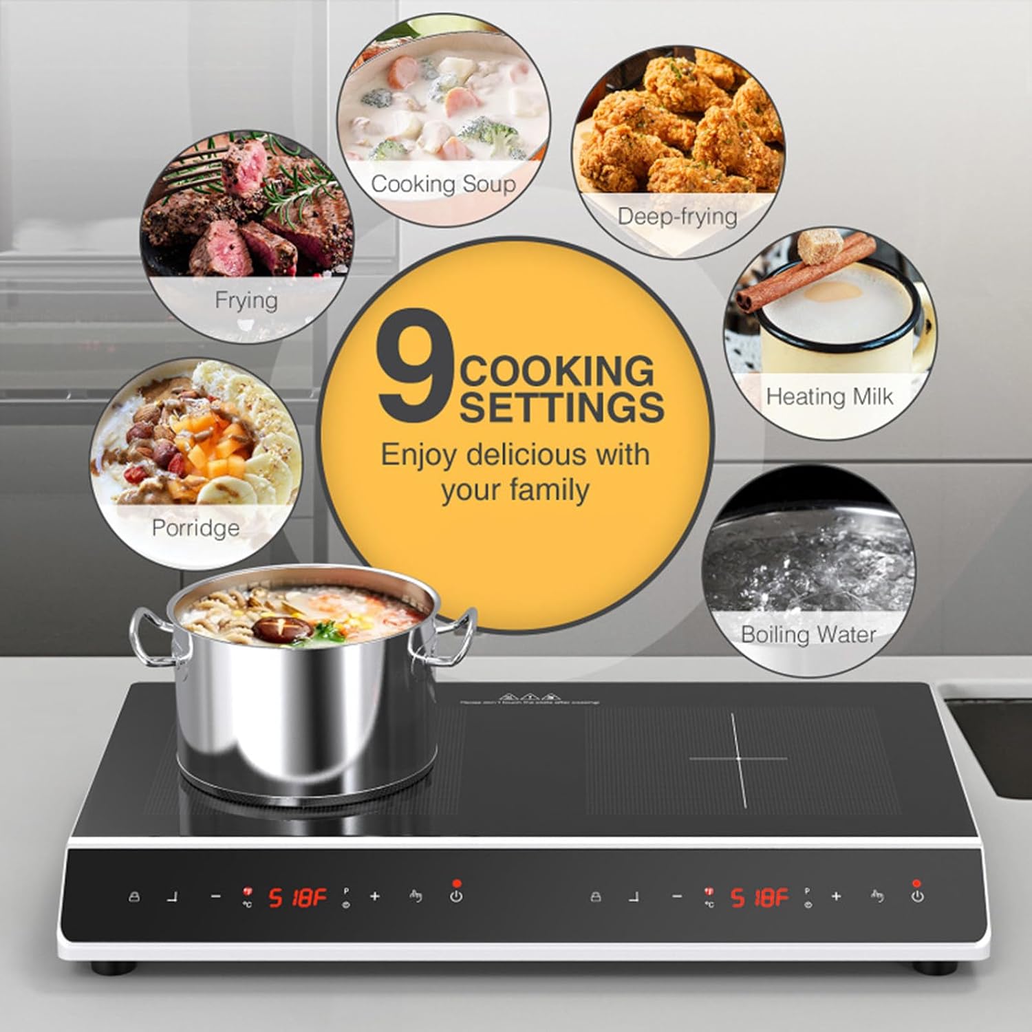 Desktop Double-Head Induction Cooker, 24'' Induction Cooktop with 2 Burners With Led Touch Screen With Child Safety Lock and Timer
