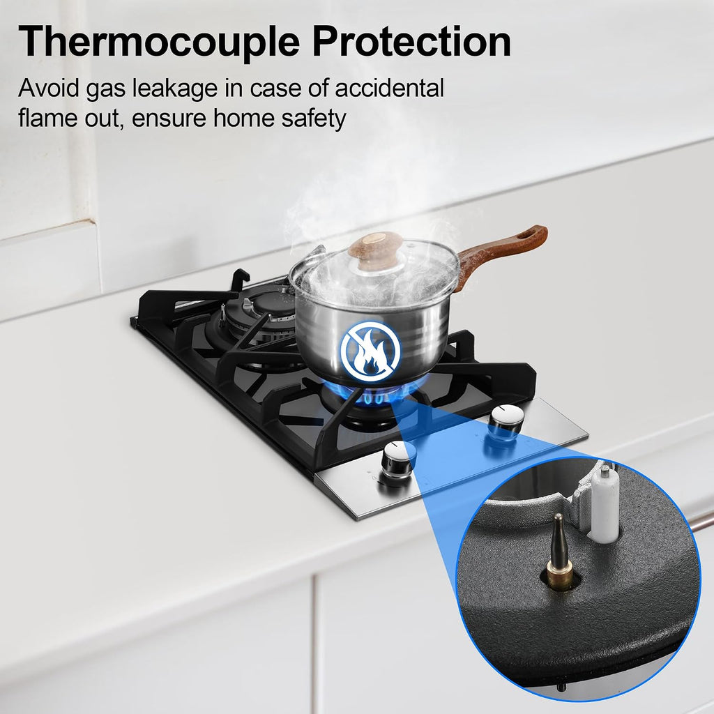Eascookchef 2 Burner Gas Cooktop, 12 inch LPG/NG Dual Fuel Built-in Gas Stove Top, Black Tempered Glass Stove, Propane Cooktop for Apartment, Outdoor, RV, With Thermocouple Protection