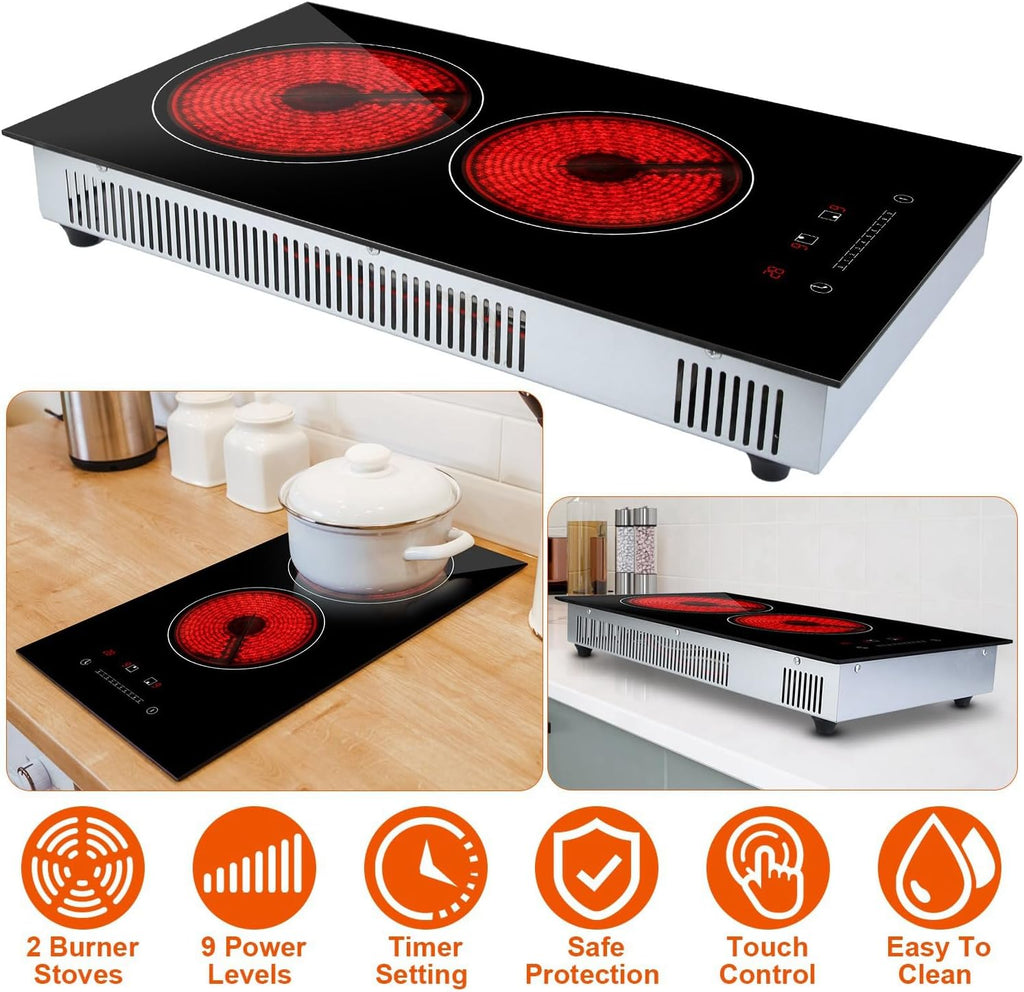 TeqHome 2 Burner Electric Cooktop, 1900W Plug in Radiant Electric Stove Top, 12' Built-in Ceramic Cooktop with Residual Heat Indicator, 9 Power Levels,Touch Control,Timer,Overheat Protection,110V-120V