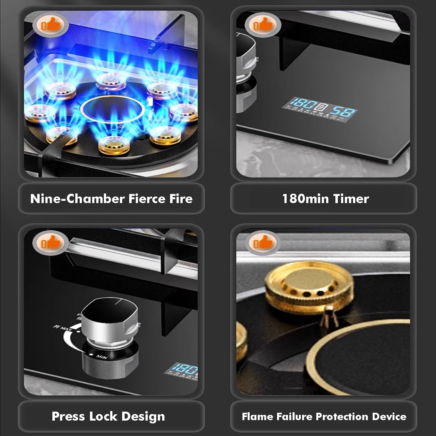 Gas Cooktop 1 Burner,5.2KW 9-Cavity Fire Ring with Timer,Thermocouple Protection,Easy to Clean,NG/LPG Conversion Kit for Home Kitchen(NG)