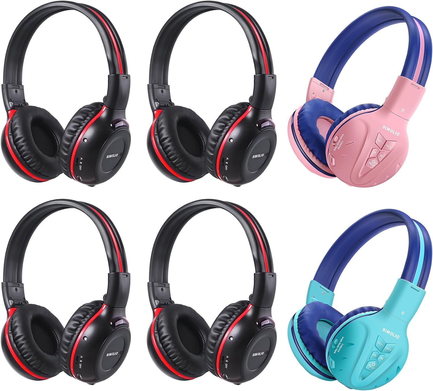 SIMOLIO 4 Pack Wireless IR Headphones for Car DVD and 2 Bluetooth Headphones for Kids, Infrared Headphones Compatible with Honda Odyssey & uConnect VES & Dodge Grand Caravan & Chevy Suburban 2006