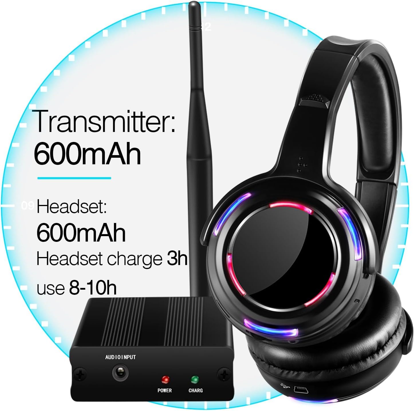 Professional Silent Disco LED Wireless Headphones and RF LED Silent Disco Earphones for iPod MP3 DJ Music Pary Club (2 led Headphone + 1 Transmitter)