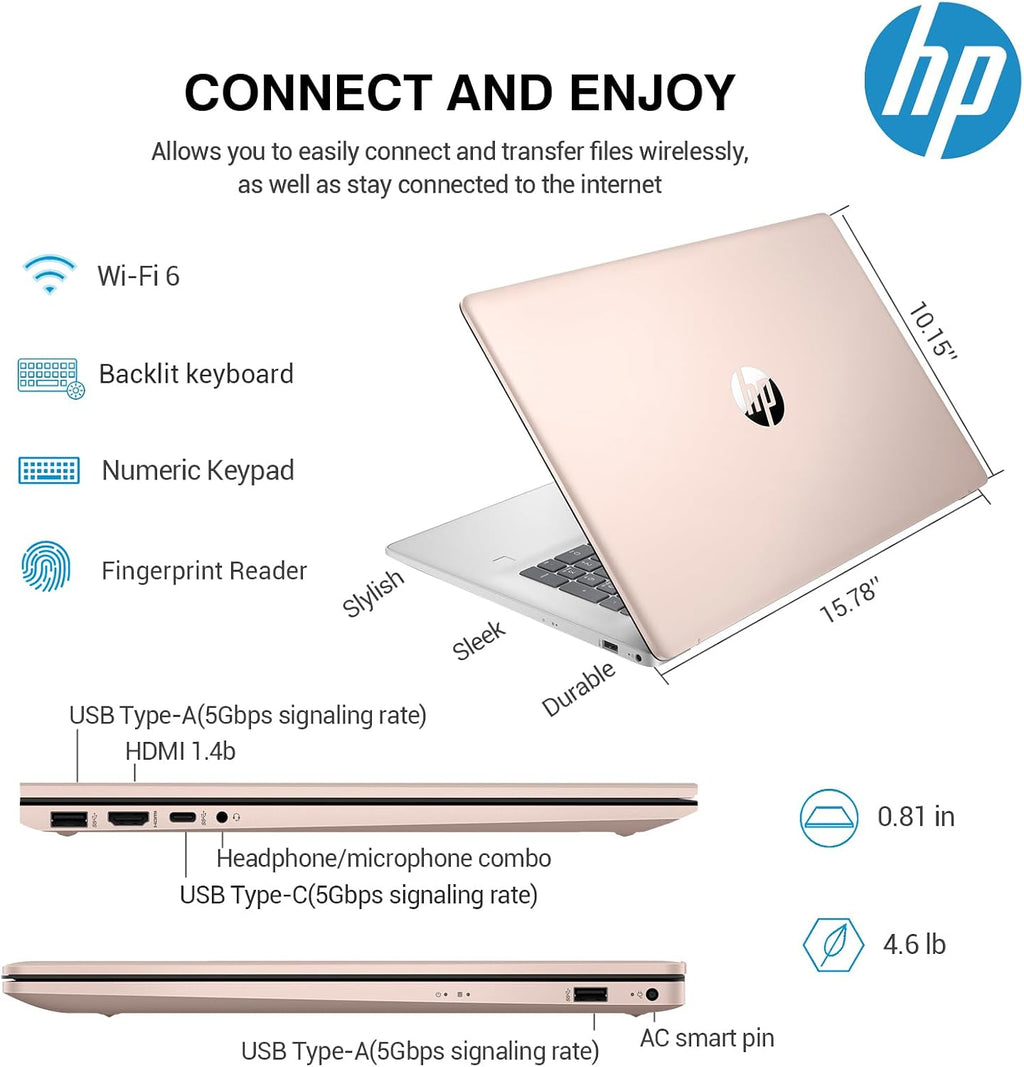HP 17 Touchscreen Laptop Computer, 17.3 Inch HD+ Touch Screen Business Laptop PC, Intel Core i7, 64GB RAM 2TB SSD, Windows 11 Pro, 10 Key Backlit Keyboard, Fingerprint, Rose Gold