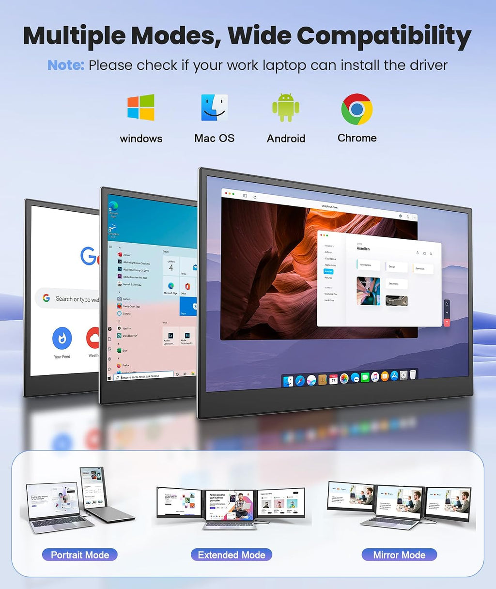 One Cable Laptop Screen Extender, 15.6' Ultra-Slim Triple Portable Monitor, 1080P FHD IPS Display, USB-C/USB-A Connection, Travel Monitor for 13–17.3' Laptops, MacOS/Windows/Android