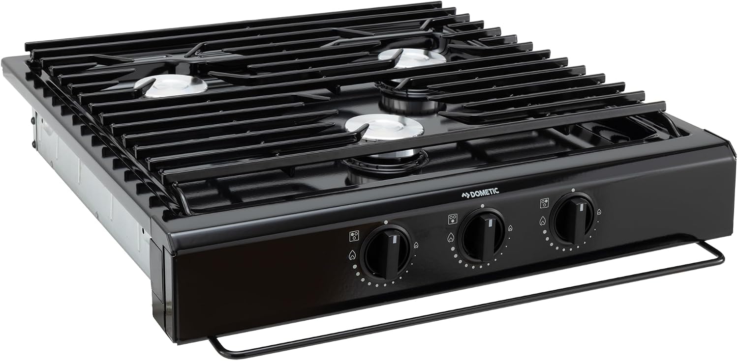 Replacement for Atwood 50300 RV Three Burner Cooktop | RV Cooktop Stove | 9,000 BTU front burner 6,500 BTU rear burners | Gas Burners