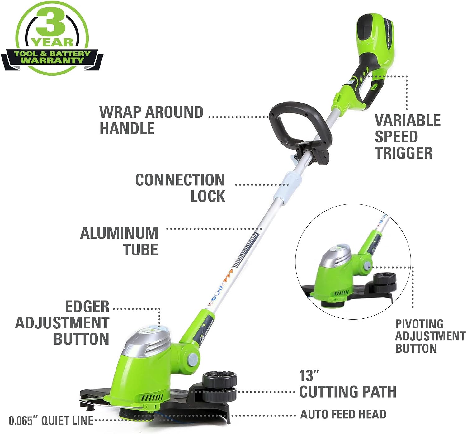 Greenworks 40V 13' Cordless String Trimmer / Edger, 2.0Ah Battery and Charger Included