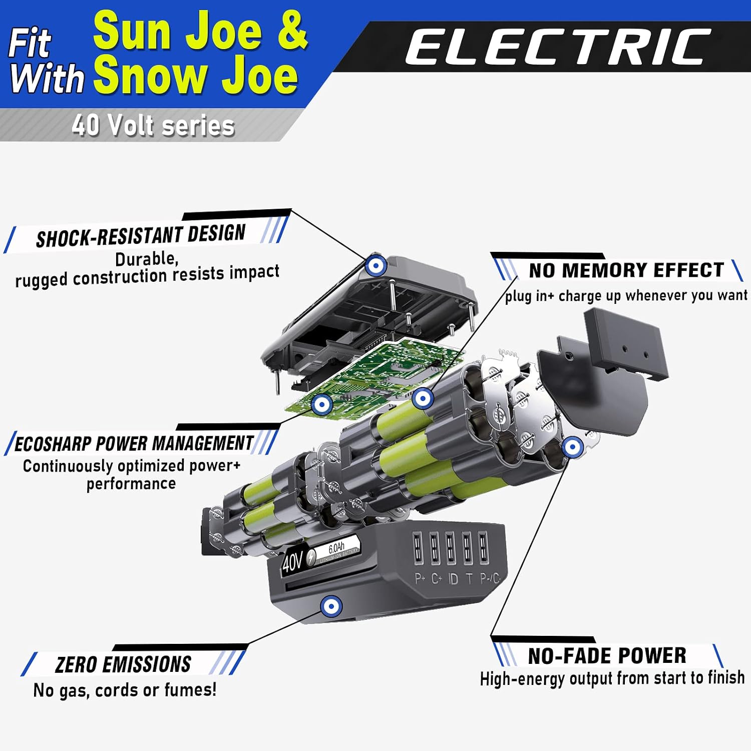 【Upgrade!】 40V 6.0Ah Replacement Battery for Snow Joe/Sun Joe Ecosharp 40V Tools Lithium-ion Battery Snow Blower Lawn Mower Pressure Washer. 40V Wireless iON Models