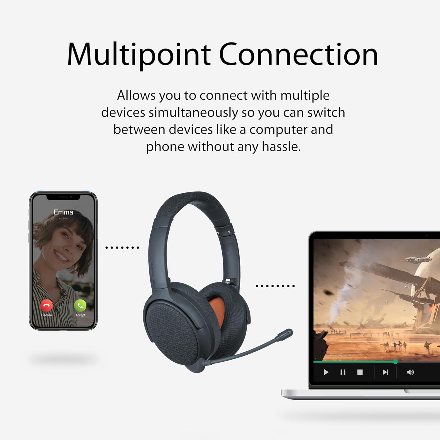 ONANOFF Fokus+ Hybrid ANC Bluetooth Headset, 50H Playtime, Wireless Charging Stand, Removable Boom Mic, Multipoint, for Home, Work & Travel (Midnight Blue)