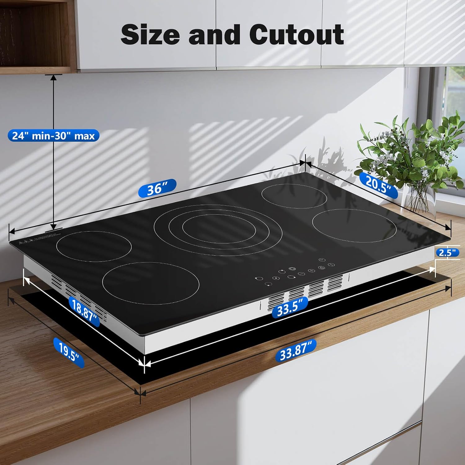 SNDOAS 36 inch Electric Cooktop,5 Burners 9000W Built-in Glass Ceramic Electric Stove Top w/Touch Control,9 Power Levels,Child Lock,Triple-Ring Zone,240V Hardwired for Kitchen Countertop 36'