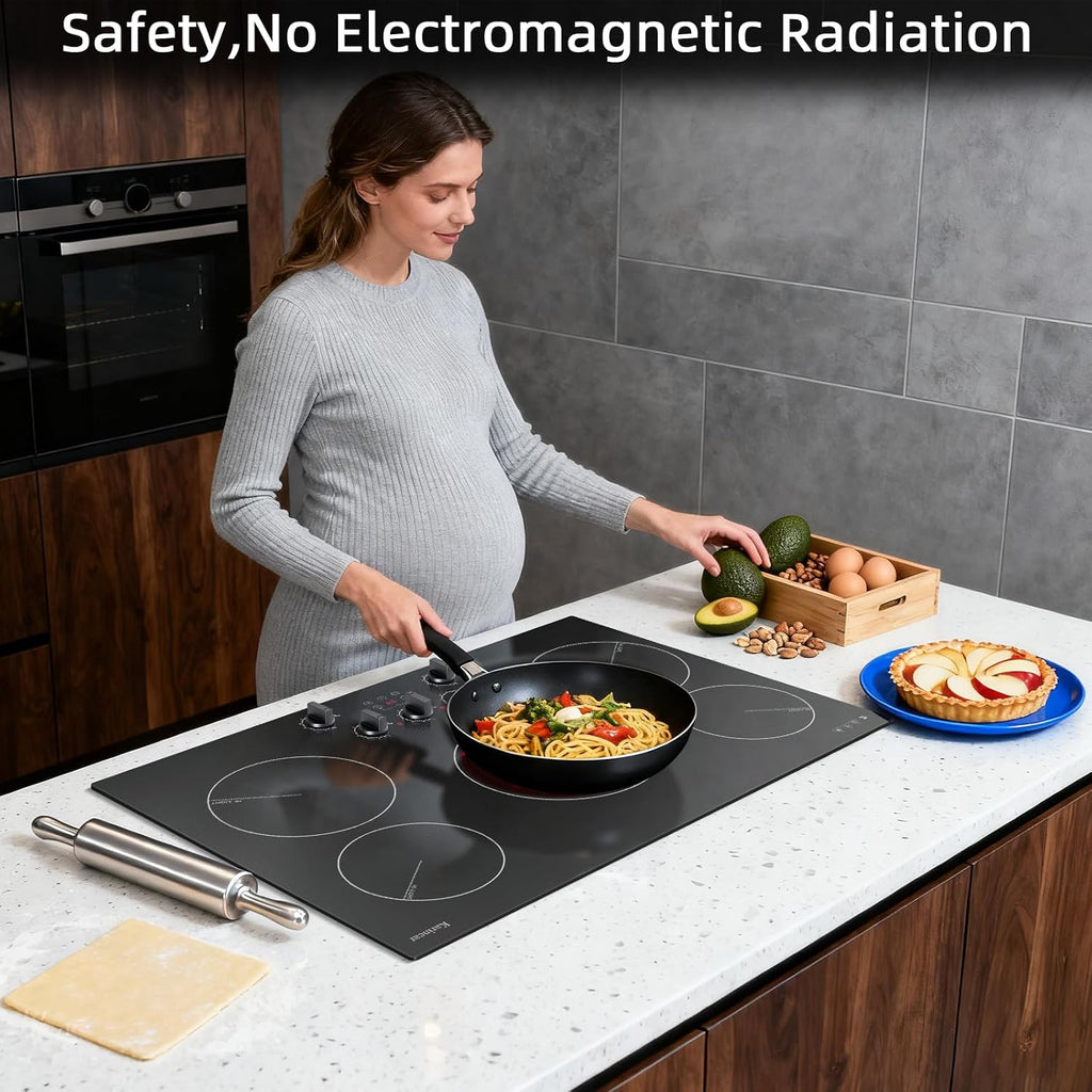 Karinear Electric Cooktop 30 Inch, 5 Burner Radiant Cooktop with Knob & Touch Control, 8500W 240V Built-in Stove Top, 9 Power Levels, Timer, Child Lock, Pause, Residual Heat Indicator(Black Knob)