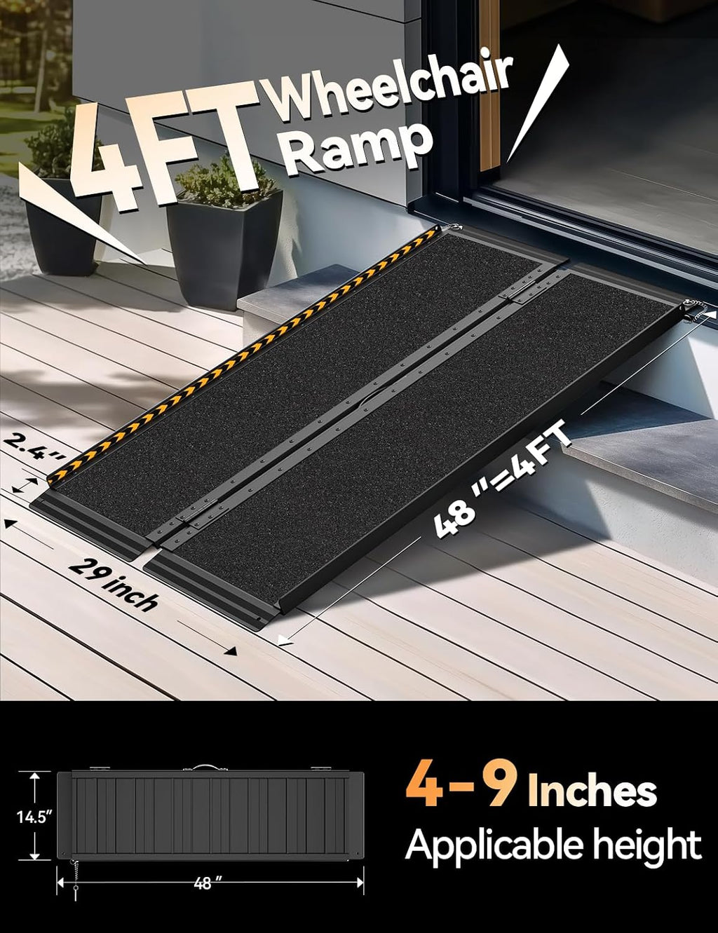FACHNUO 4FT Wheelchair Ramp for Threshold 4-12 inches, Safe Use at Night Portable Threshold Ramps for Doorways, 800LBS Capacity, Non-Slip Durable Aluminum Alloy Folding Handicap Ramp for Home Steps