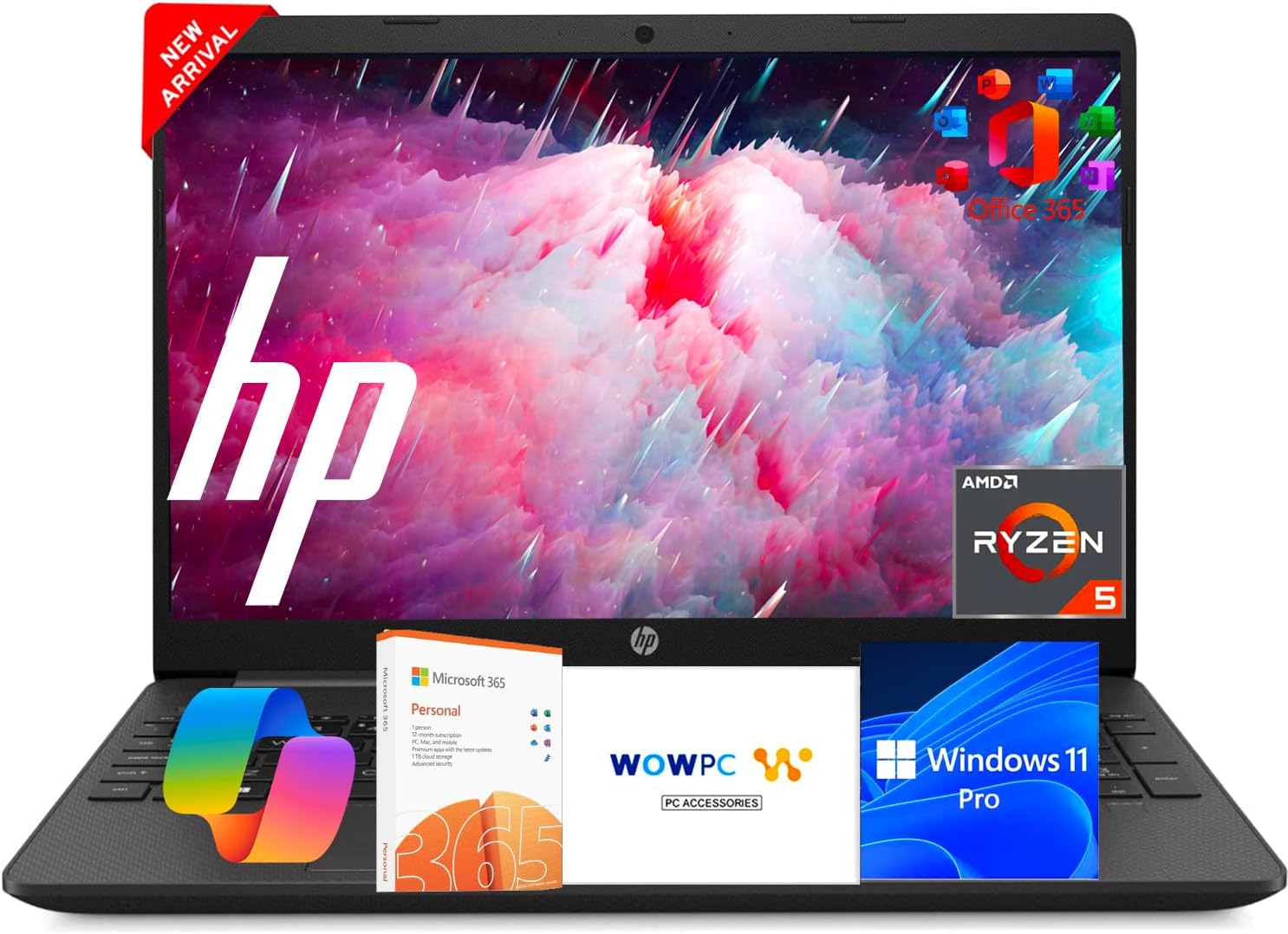 HP Business Laptop with Microsoft Office 365, AMD Ryzen 5 5500U Processor (Beats i7-1165G7), 15.6' FHD Display, 16GB RAM, 512GB SSD, Ethernet RJ-45, SD Card Reader, HDMI, Windows 11 Pro, WOWPC USB