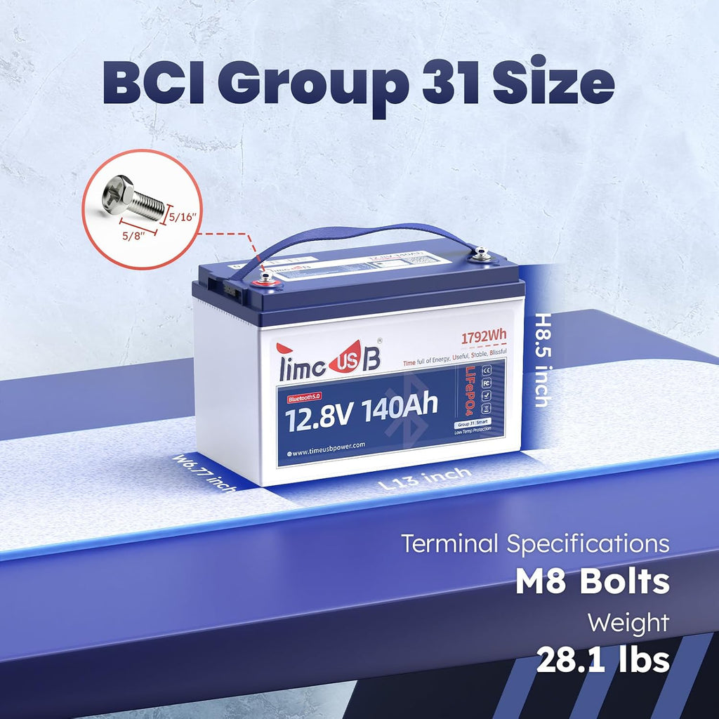 Timeusb 12V 140Ah LiFePO4 Lithium Battery with Low-temp Protection, 5.0 Bluetooth, 150A BMS, 700A Discharge @1s, Group 31 Deep Cycle Trolling Motors Batteries for Yacht, Boats, RVs, Marine(1-Pack)