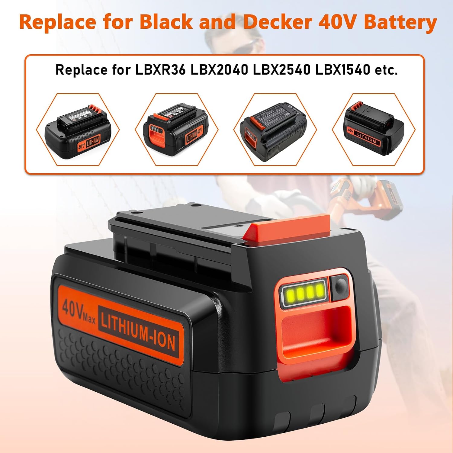 PENGJBATTER 4 Packs 40V 3000mAh Long-Lasting Battery Compatible for Black and Decker 40V Lithium Battery LBXR36 LBX2040 LBX2540 LBXR2036, Compatible with Black and Decker 40 Volt Power Tools
