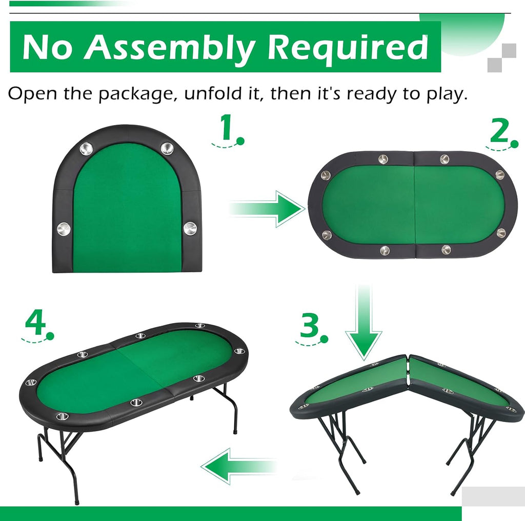 ECOTOUGE Poker Table Foldable, 8 Players Gaming Table w/Stainless Cup Holder & Portable Storage Bag, Folding Oval Blackjack Table for Texas Casino Leisure Game, No Assembly Required, Green