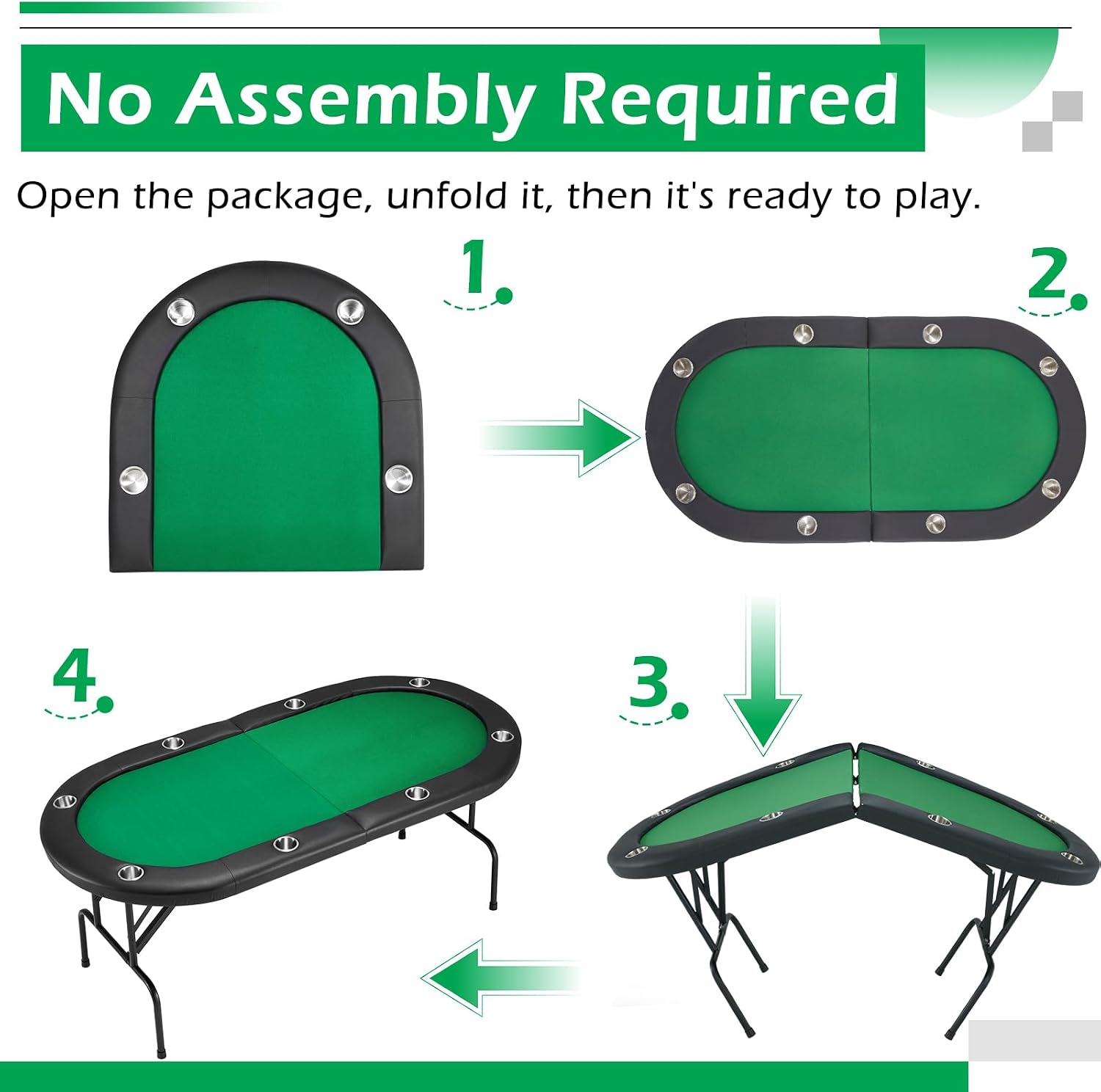 ECOTOUGE Poker Table Foldable, 8 Players Gaming Table w/Stainless Cup Holder & Portable Storage Bag, Folding Oval Blackjack Table for Texas Casino Leisure Game, No Assembly Required, Green