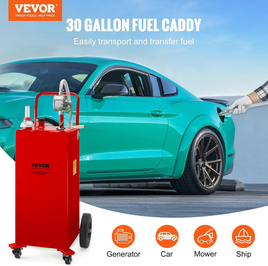 VEVOR 30 Gallon Fuel Caddy, Gas Storage Tank & 4 Wheels, with Manual Transfer Pump, Gasoline Diesel Fuel Container for Cars, Lawn Mowers, ATVs, Boats, More, Red