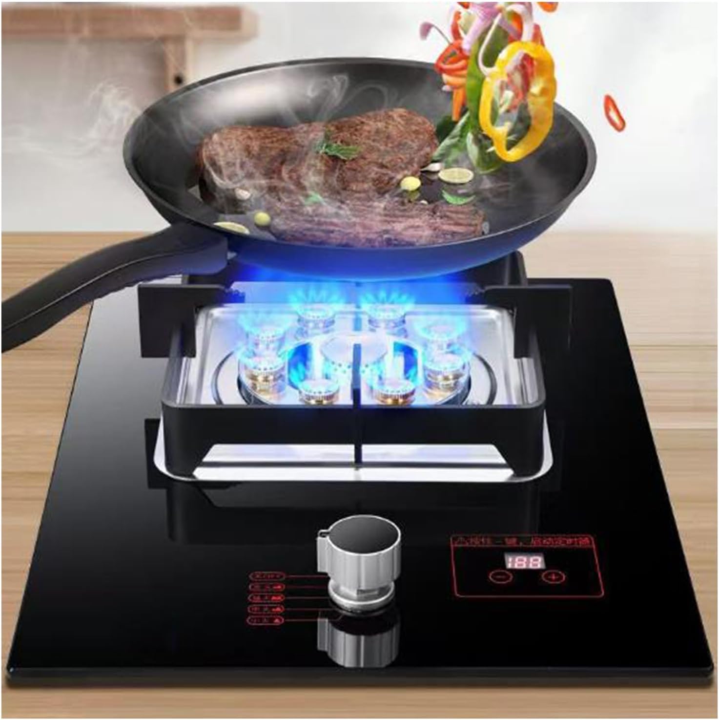 Gas Stove with 1 Burner,5.2KW Nine-Cavity High-fire Timer,Kitchen Counter Top Stove,Tempered Glass Cast Iron Pot Rack,with Flameout Protection,for Home Kitchen(LPG)