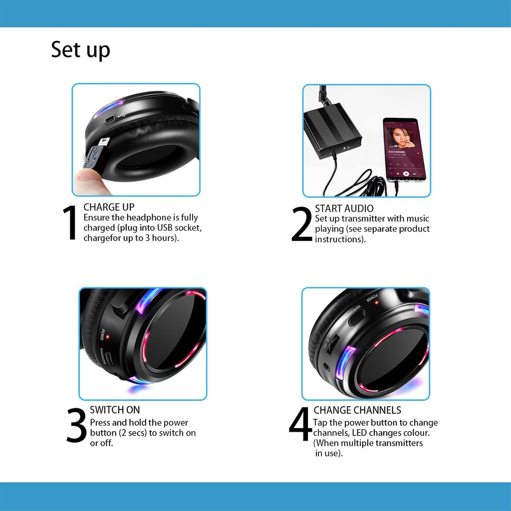 Professional Silent Disco LED Wireless Headphones and RF LED Silent Disco Earphones for iPod MP3 DJ Music Pary Club (2 led Headphone + 1 Transmitter)