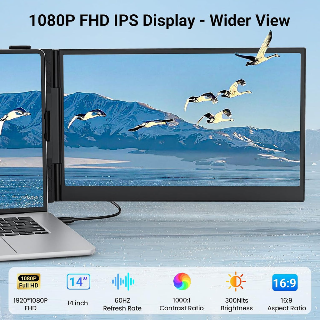 14' Triple Laptop Screen Extender, FHD 1080P IPS Ultra-Thin Portable Monitor, 2.2lbs Plug & Play USB-C/HDMI Travel Monitor for 13'-17' Laptops, Compatible with Windows, Mac, Android, Chrome