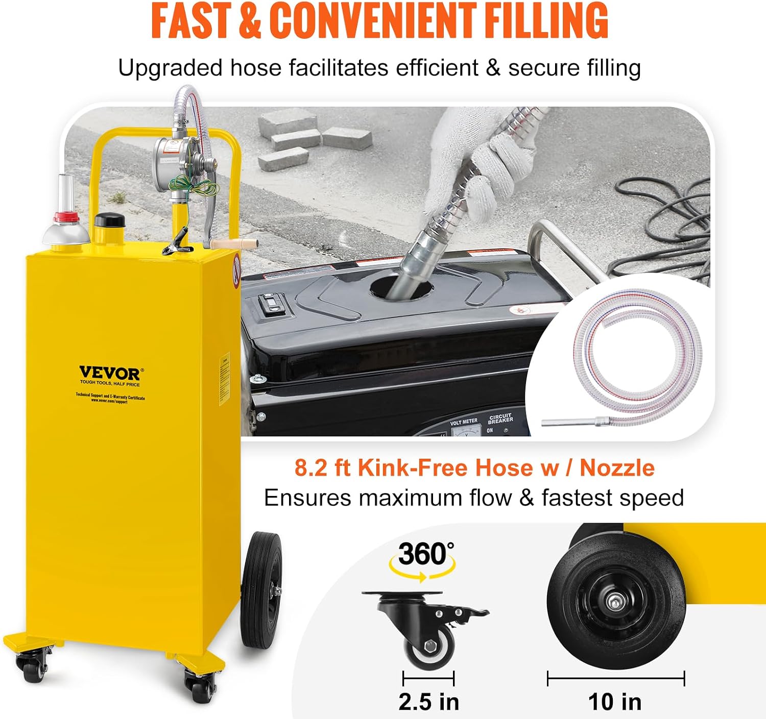 VEVOR 30 Gallon Fuel Caddy, Gas Storage Tank & 4 Wheels, with Manual Transfer Pump, Gasoline Diesel Fuel Container for Cars, Lawn Mowers, ATVs, Boats, More, Yellow