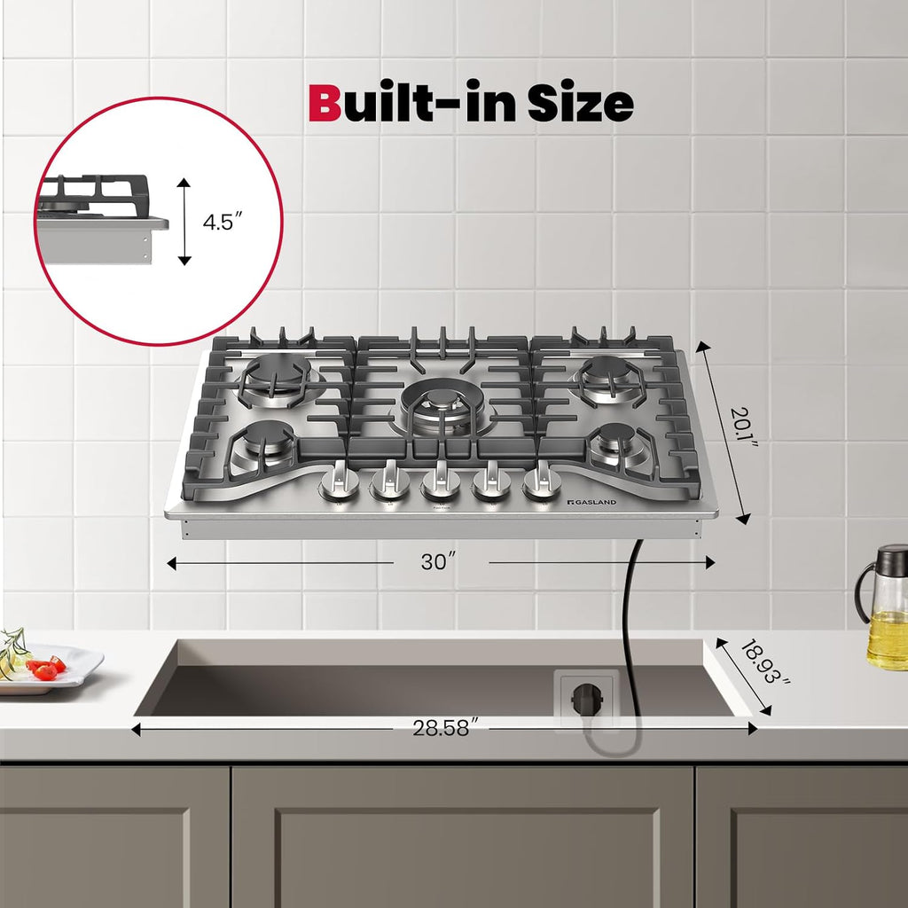GASLAND Gas Cooktop 30 Inch, 5 Burners Propane Stovetop, Built-in NG/LPG Convertible Cooktops, Gas Countertop 120V Plug-in with Thermocouple Protection, 304 Stainless Steel Panel, CSA Certified
