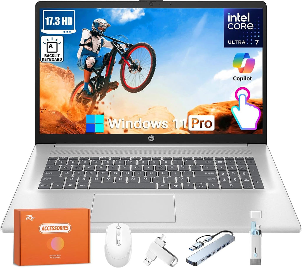 HP Business Touchscreen Laptop 17 inch, Intel Ultra 7 255U, Intel AI Boost (12 NPU TOPS), 32 GB DDR5, 1 TB SSD, 17.3' HD+ Touchscreen, Backlit Keyboard, Wi-Fi 6, Copilot, Windows 11 Pro, w/Accessories