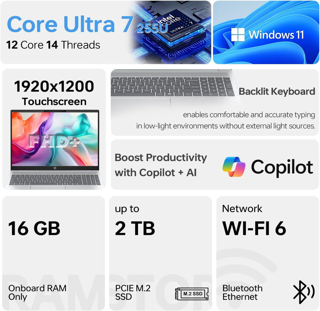 HP OmniBook 5 16' FHD+ Touchscreen Laptop, Business Copilot AI PC, Core Ultra 7 255U, 16GB RAM, 1TB SSD, Backlit, Wi-Fi 6, Win11 Pro, Lightweight Silent Design, Silver, Bundle with PCO Laptop Cooler