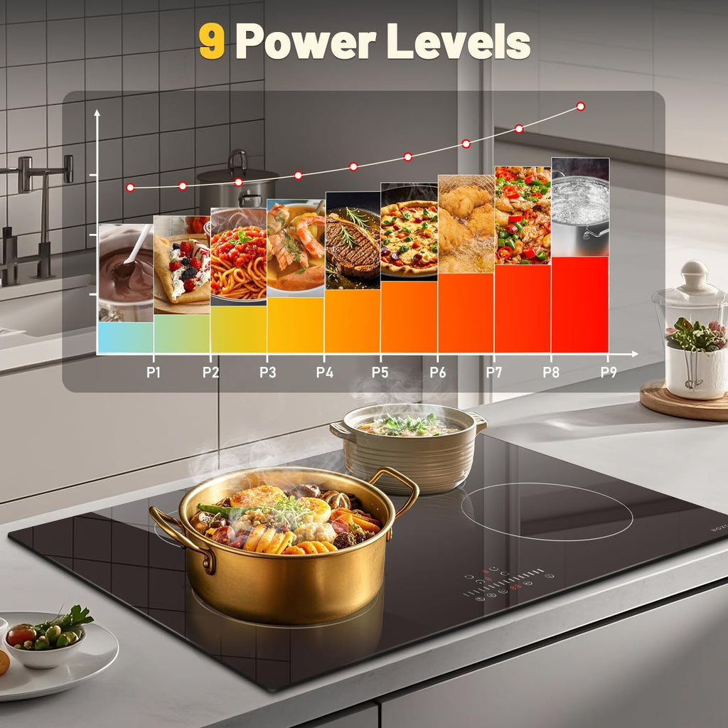Noxton 30 inch Induction Cooktop, 7200W Electric Cooktop with 4 BOOST Burners, 9 Power Settings, Timer, Child Safety Lock, Pause, 220~240V Hard Wire Induction Stovetop