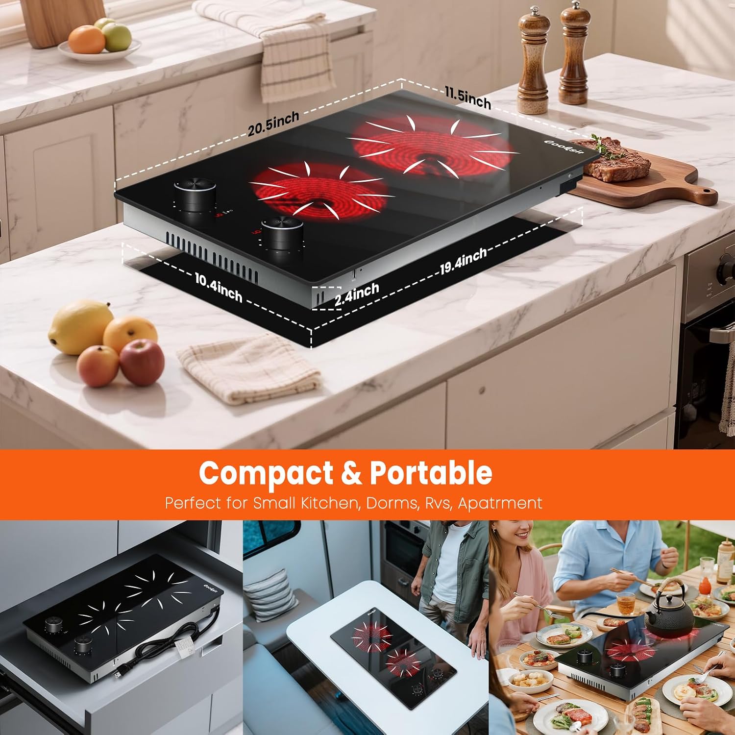 2 Burner Electric Cooktop - 12 Inch 2000W Electric Stove Built-in & Countertop, Two Burner Ceramic Cooktop with Knob Control, 9 Power Level, Over Heat Protection, 110-120V Plug in (Grey Konb)