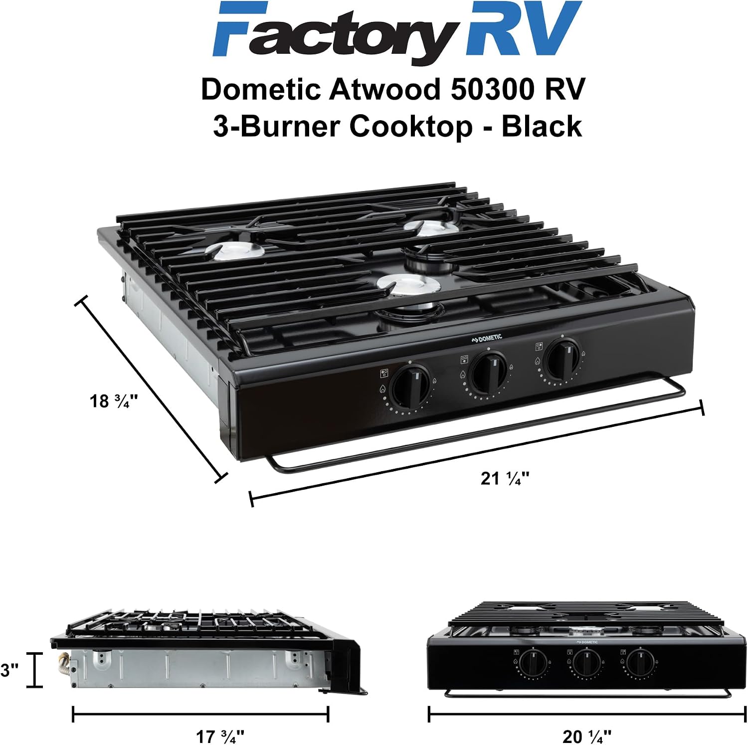 Replacement for Atwood 50300 RV Three Burner Cooktop | RV Cooktop Stove | 9,000 BTU front burner 6,500 BTU rear burners | Gas Burners