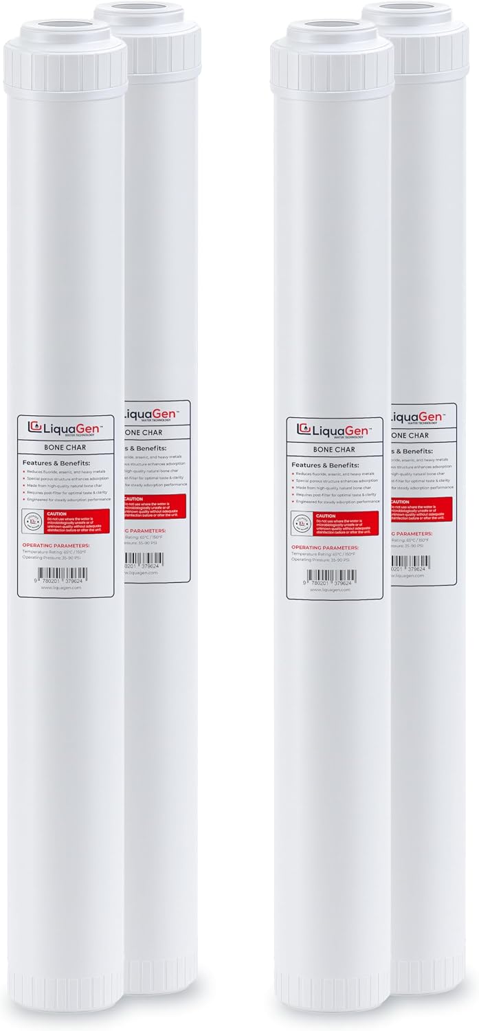 LiquaGen Bone Char Water Filter Replacement Cartridge – Helps Reduce Fluoride – Universal Refillable Filter for Whole House & Drinking Water – 2.5x10, 2.5x20, 4.5x10, 4.5x20 (4, 2.5' x 20')