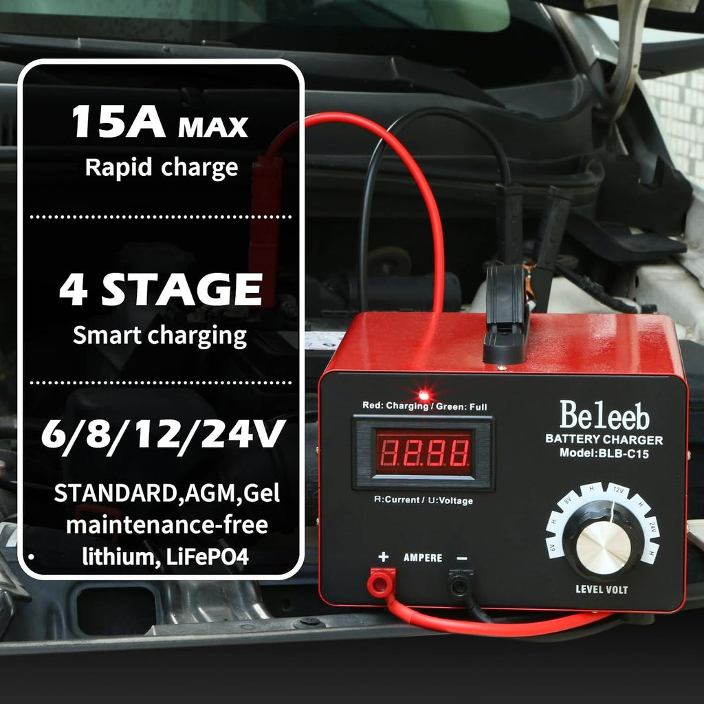 C15 Multiple Voltage Battery Charger 6V 8V 12V 24V Lead-Acid LiFePO4 Lithium Batteries, 15 A Automotive Car Battery Charger and Desulfator for Golf Cart Motorcycle Truck Lawn Mower