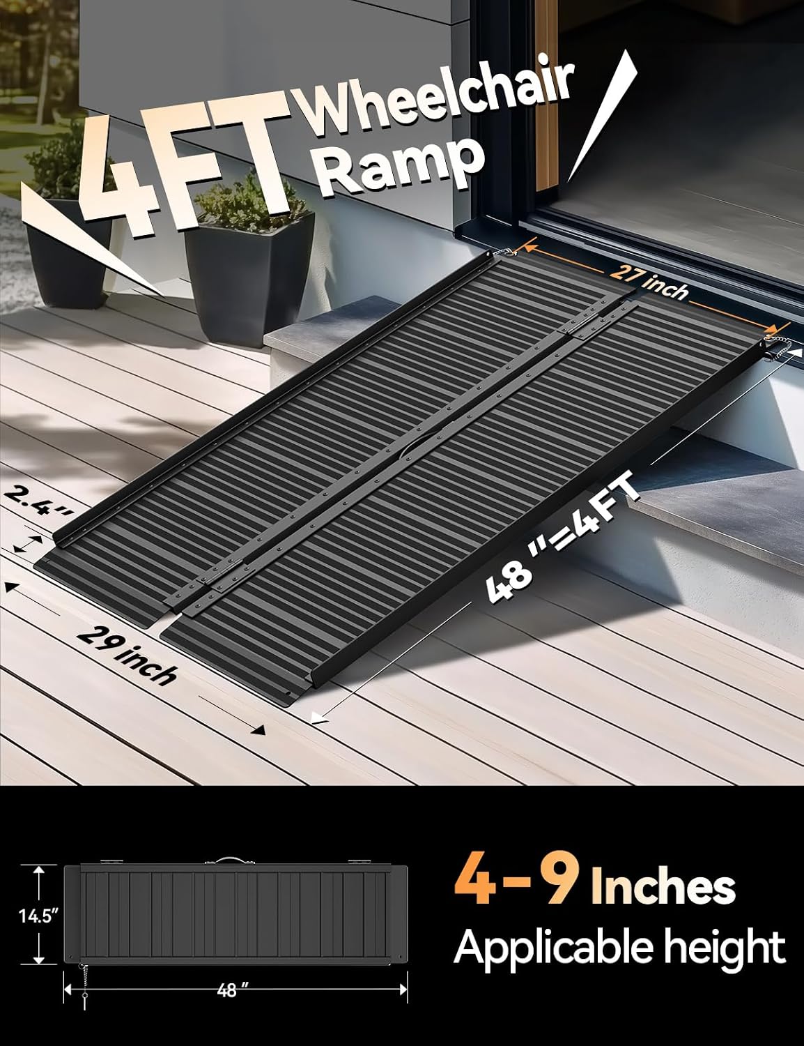 Black Aluminum Ramp 4FT, With Non-Slip Surface Wheelchair Ramp, Folding Portable Wheelchair Ramps for Home Steps,Scooter Ramp for Car, Stairs, Doorways, Curbs, 800 LBS Weight Capacity, 28.3' W x 48''L