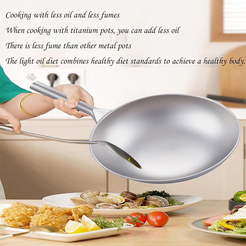 Pure Titanium Pot, Wok Pan with Lid, Nonstick Woks and Stir-Fry Pans, No Chemical Coated Flat Bottom Chinese Wok for Induction, Electric, All Stoves,A-32cm