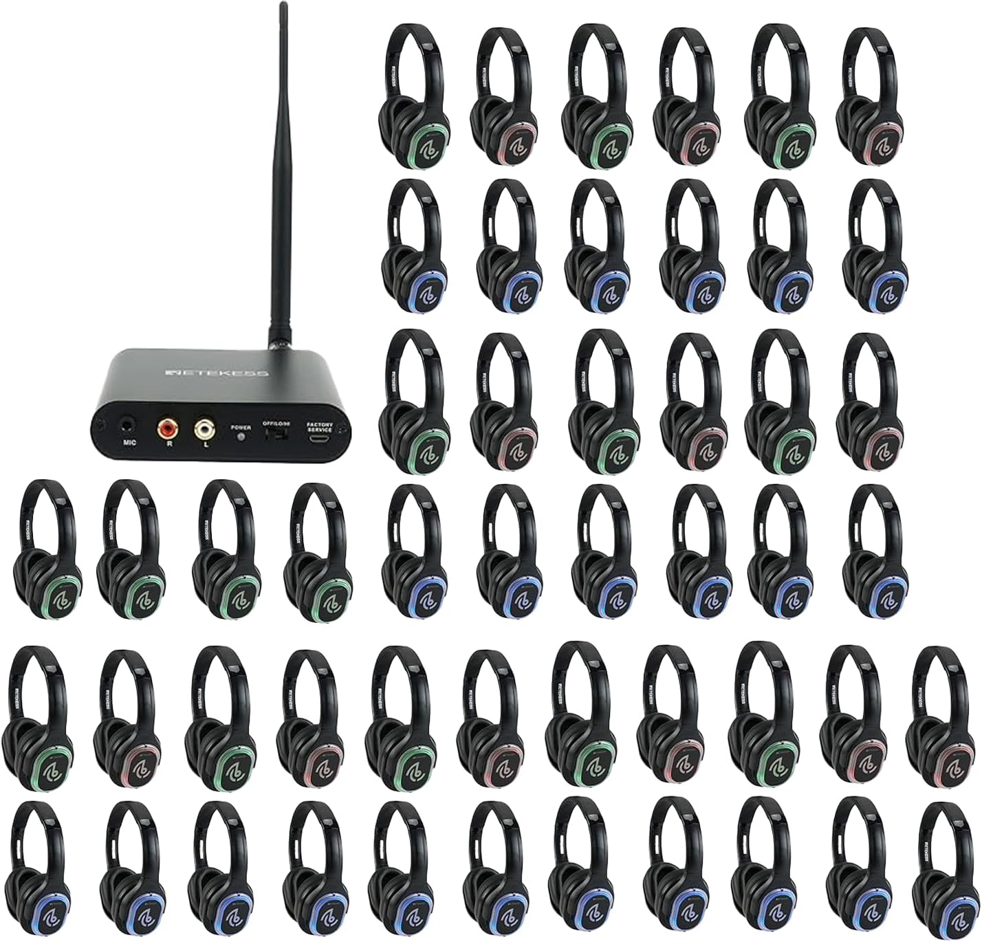 Retekess TA003 Silent Disco Headphone System, Party Wireless Headphones, LED Light, Stereo Sound, Silent Party Headphones Bundle 3 Channel for DJ, Music Events, Festivals (50 Pack)