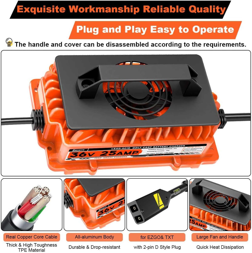 36 Volt 25 AMP Golf Cart Charger for EZGO TXT 36V Golf Cart Battery Charger with 2-Pin D Style Plug Lead-Acid Battery Charger