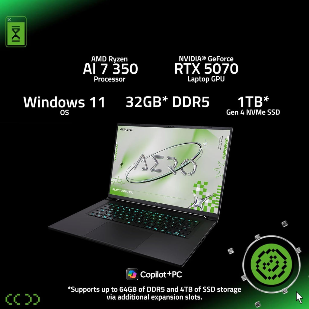 GIGABYTE AERO X16, Copilot+ PC - 165Hz 2560x1600 WQXGA - NVIDIA GeForce RTX 5070 - AMD Ryzen AI 7 350-1TB SSD with 32GB DDR5 RAM - Windows 11 Home - Lunar White
